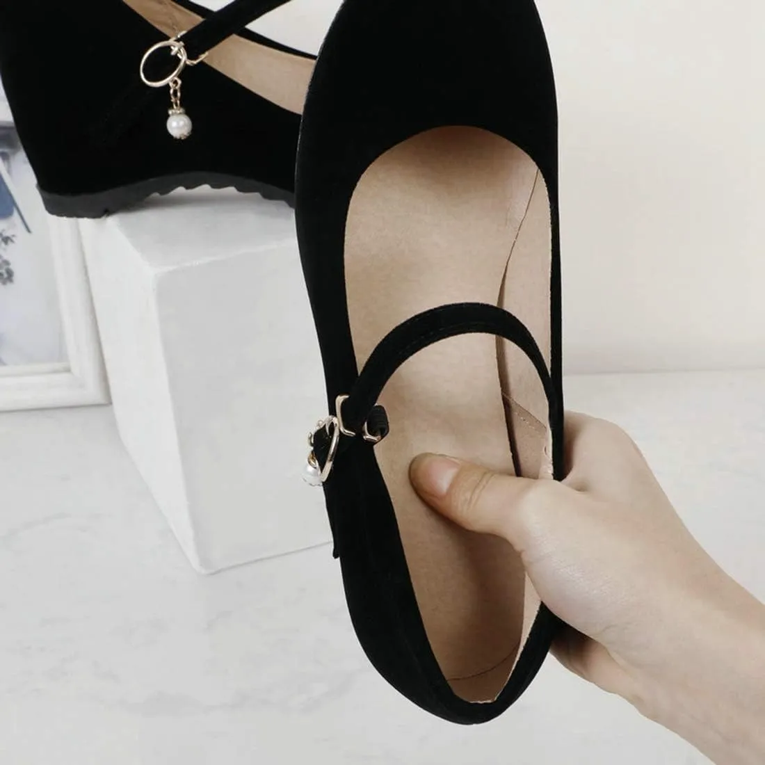 VOKLIN Women's Mary Jane Wedge High Heels Pumps Round Toe Vegan Suede Comfortable Wedding Dress Pump Shoes