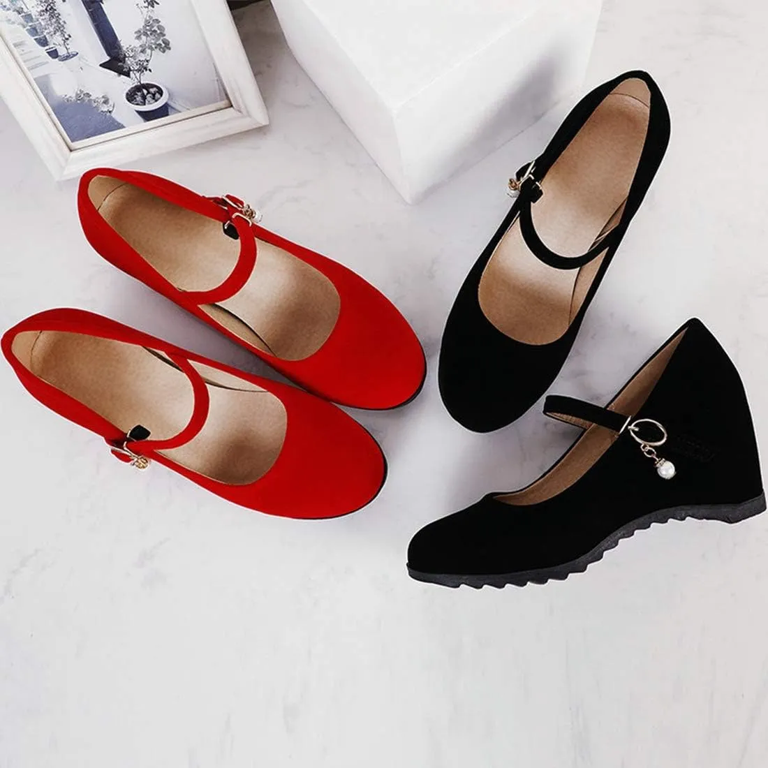 VOKLIN Women's Mary Jane Wedge High Heels Pumps Round Toe Vegan Suede Comfortable Wedding Dress Pump Shoes