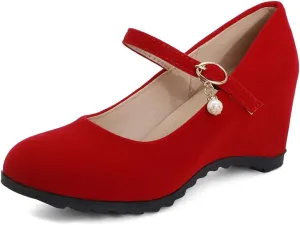 VOKLIN Women's Mary Jane Wedge High Heels Pumps Round Toe Vegan Suede Comfortable Wedding Dress Pump Shoes