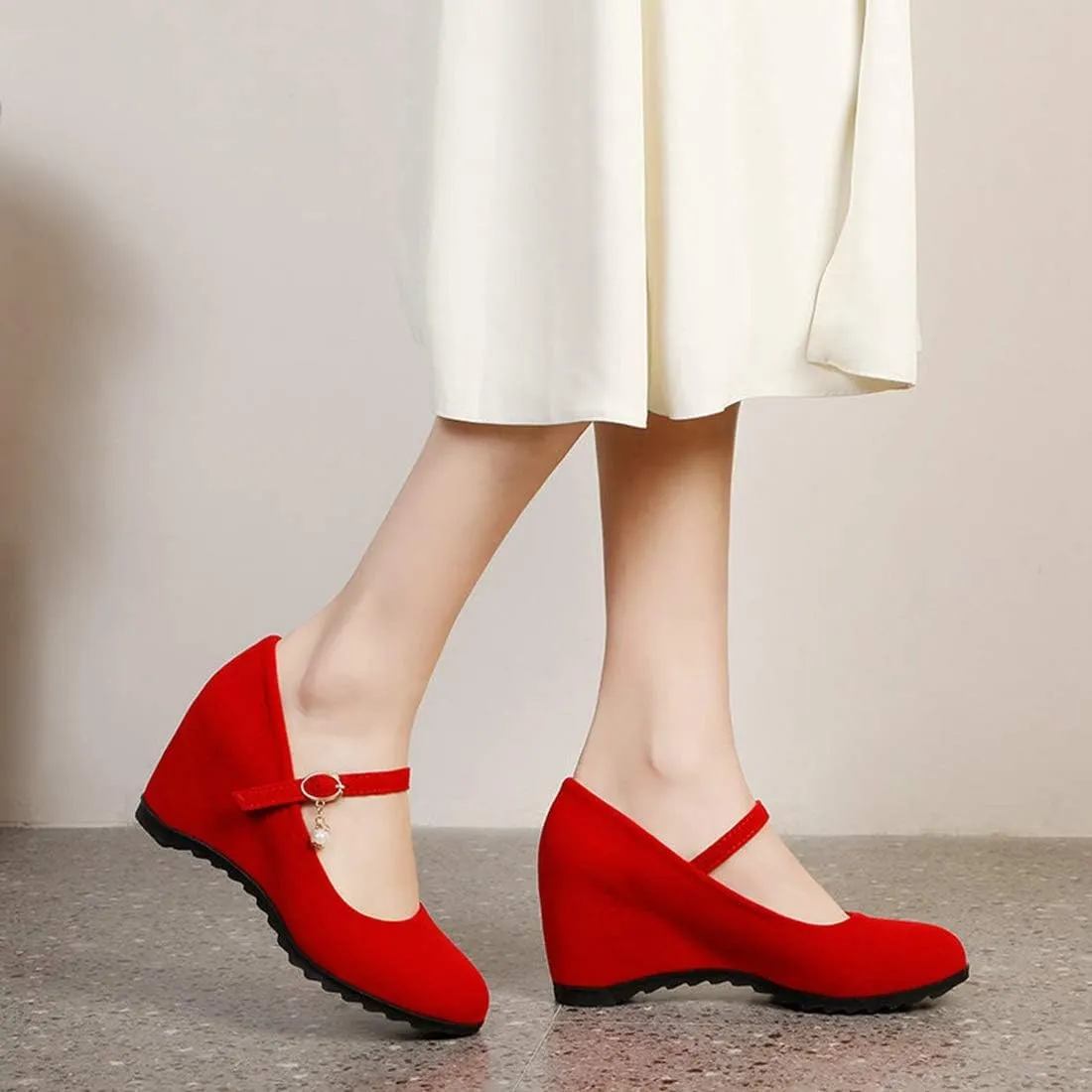 VOKLIN Women's Mary Jane Wedge High Heels Pumps Round Toe Vegan Suede Comfortable Wedding Dress Pump Shoes