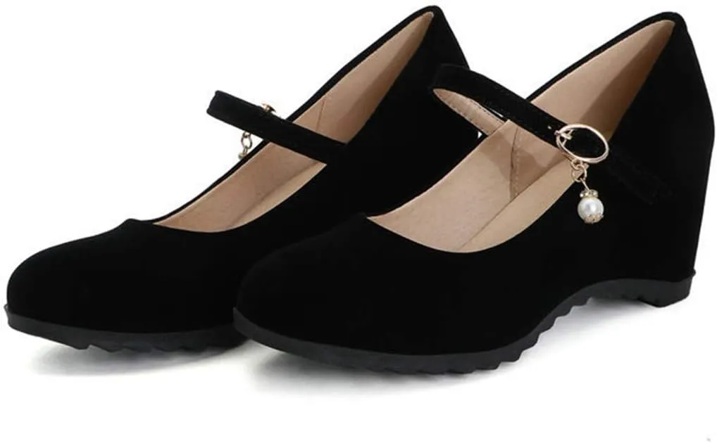 VOKLIN Women's Mary Jane Wedge High Heels Pumps Round Toe Vegan Suede Comfortable Wedding Dress Pump Shoes