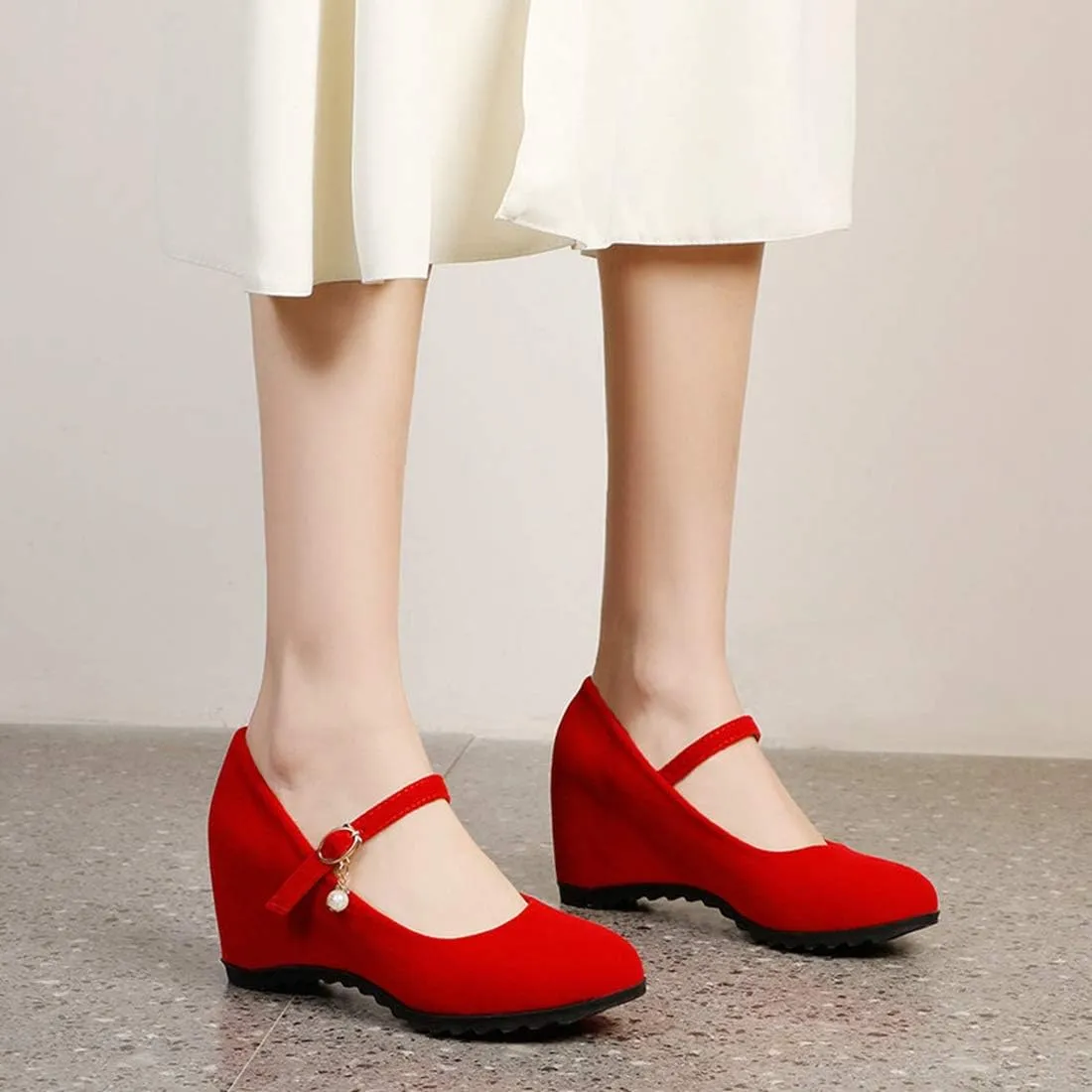 VOKLIN Women's Mary Jane Wedge High Heels Pumps Round Toe Vegan Suede Comfortable Wedding Dress Pump Shoes