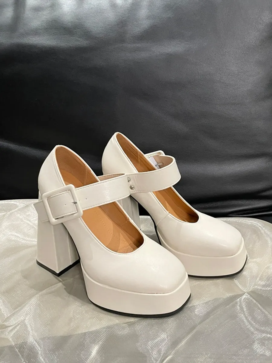 White Buckle Decor Platform Chunky Heel Mary Janes Shoes