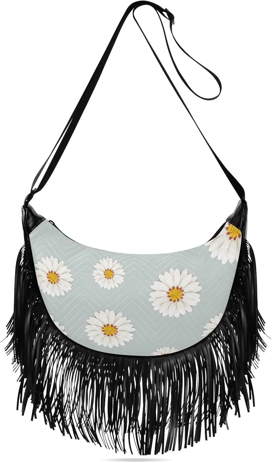 White-daisy-blue-background Women Tassel Fringe Shoulder bag, Fringe Purse Crossbody, Women Tassel Hobo Bag with Zipper