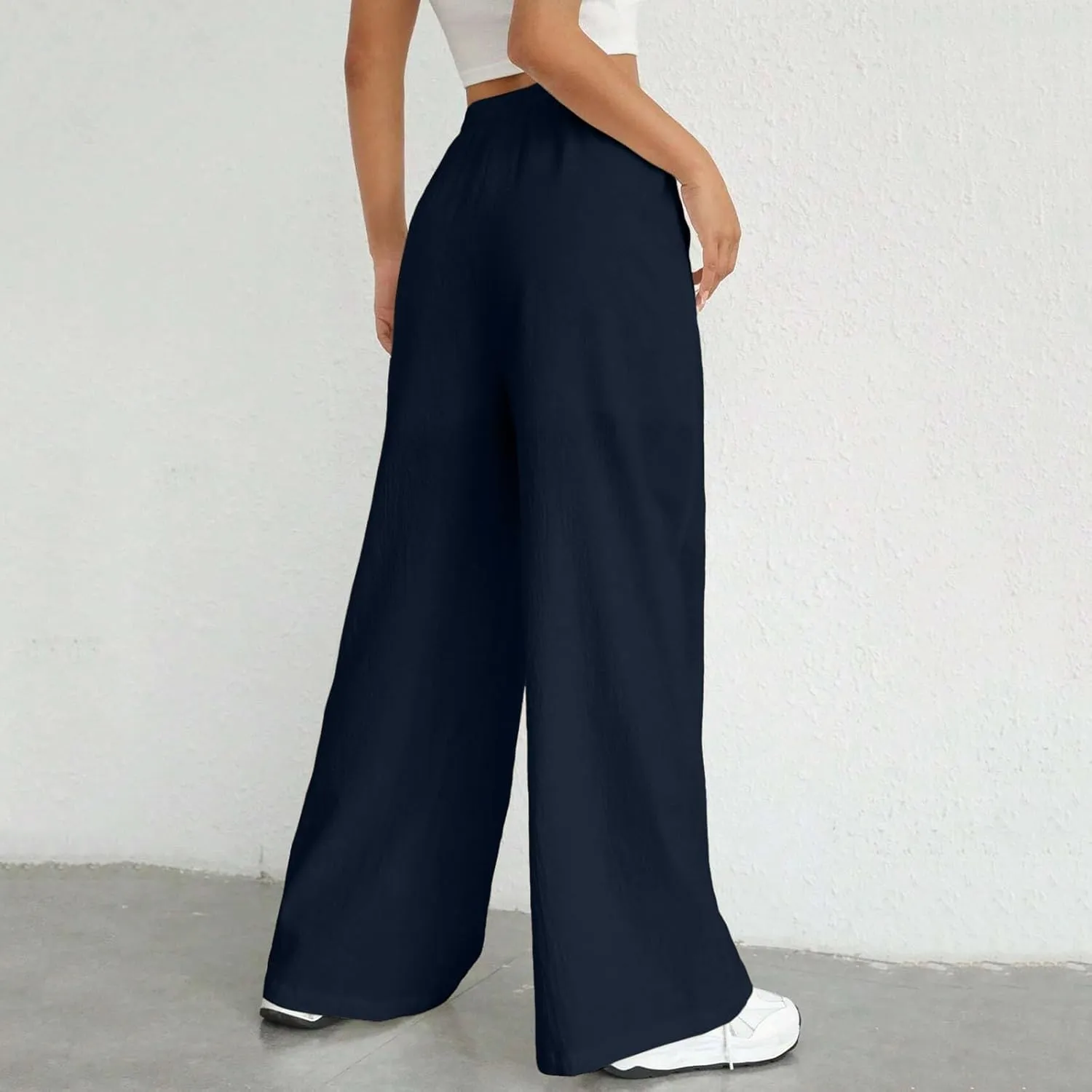 Wide Leg Linen Pants for Women Drawstring High Waist Casual Palazzo Pants Solid Color Loose Fit Trendy Trousers with Pocket