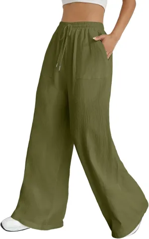 Wide Leg Linen Pants for Women Drawstring High Waist Casual Palazzo Pants Solid Color Loose Fit Trendy Trousers with Pocket