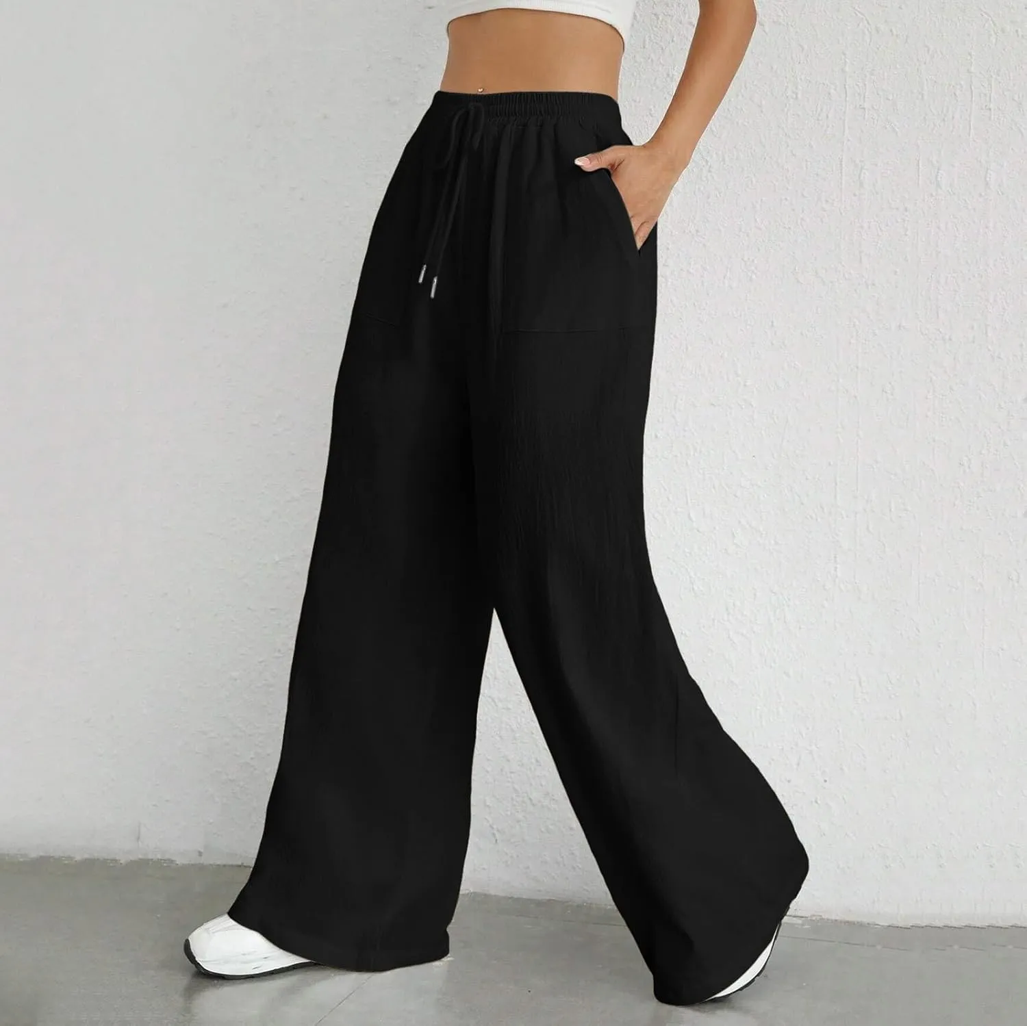 Wide Leg Linen Pants for Women Drawstring High Waist Casual Palazzo Pants Solid Color Loose Fit Trendy Trousers with Pocket