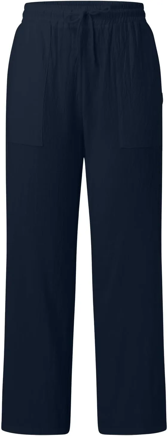 Wide Leg Linen Pants for Women Drawstring High Waist Casual Palazzo Pants Solid Color Loose Fit Trendy Trousers with Pocket