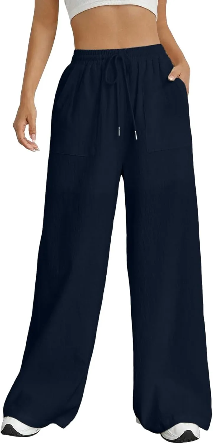 Wide Leg Linen Pants for Women Drawstring High Waist Casual Palazzo Pants Solid Color Loose Fit Trendy Trousers with Pocket