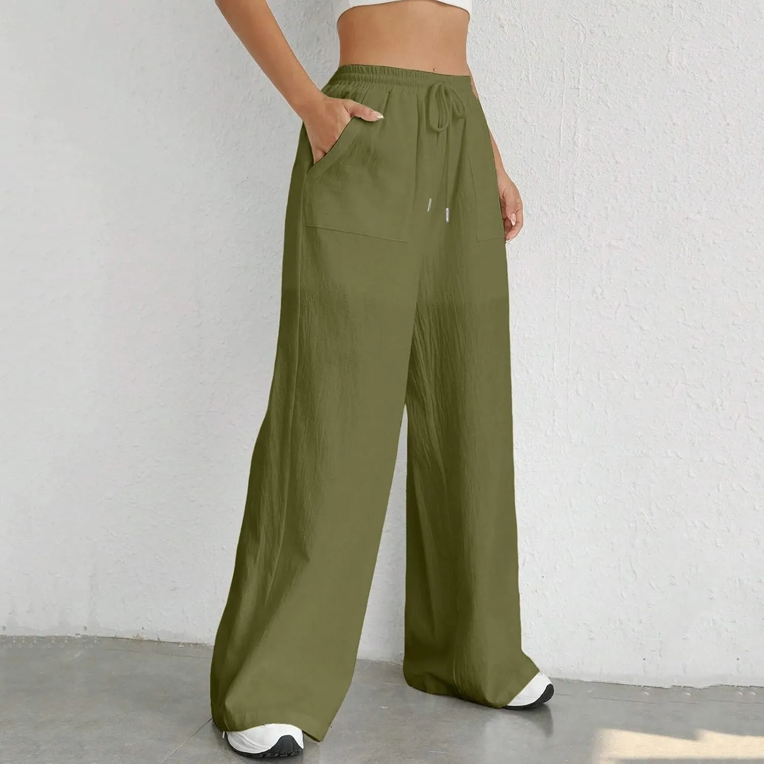 Wide Leg Linen Pants for Women Drawstring High Waist Casual Palazzo Pants Solid Color Loose Fit Trendy Trousers with Pocket