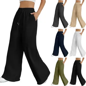Wide Leg Linen Pants for Women Drawstring High Waist Casual Palazzo Pants Solid Color Loose Fit Trendy Trousers with Pocket