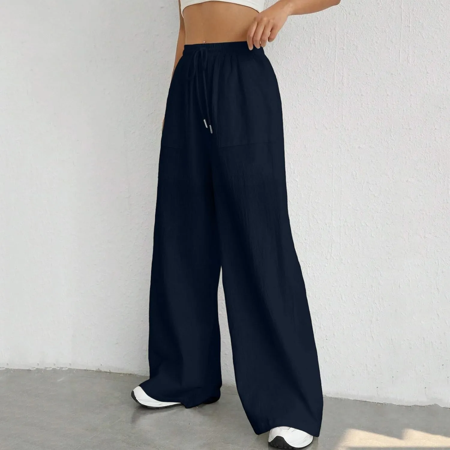 Wide Leg Linen Pants for Women Drawstring High Waist Casual Palazzo Pants Solid Color Loose Fit Trendy Trousers with Pocket