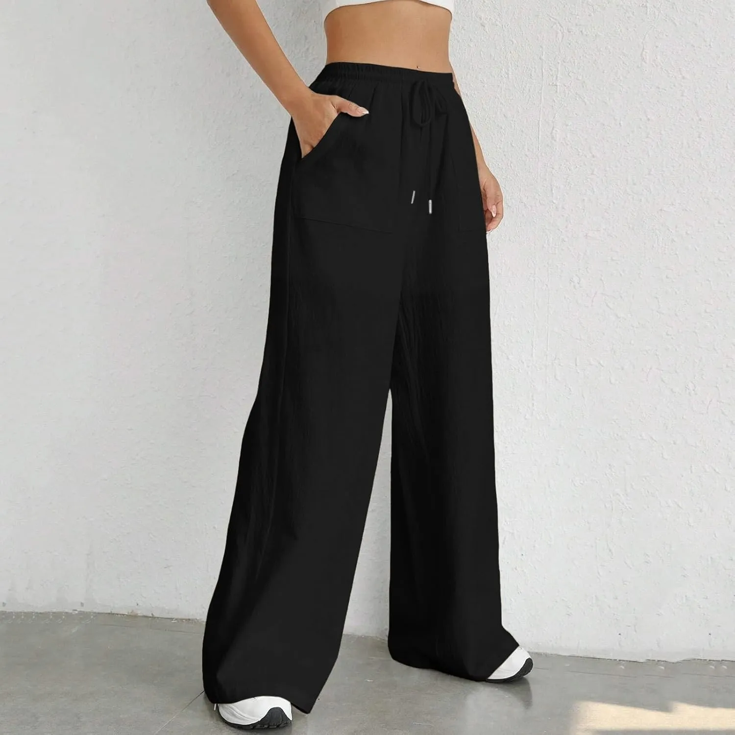 Wide Leg Linen Pants for Women Drawstring High Waist Casual Palazzo Pants Solid Color Loose Fit Trendy Trousers with Pocket