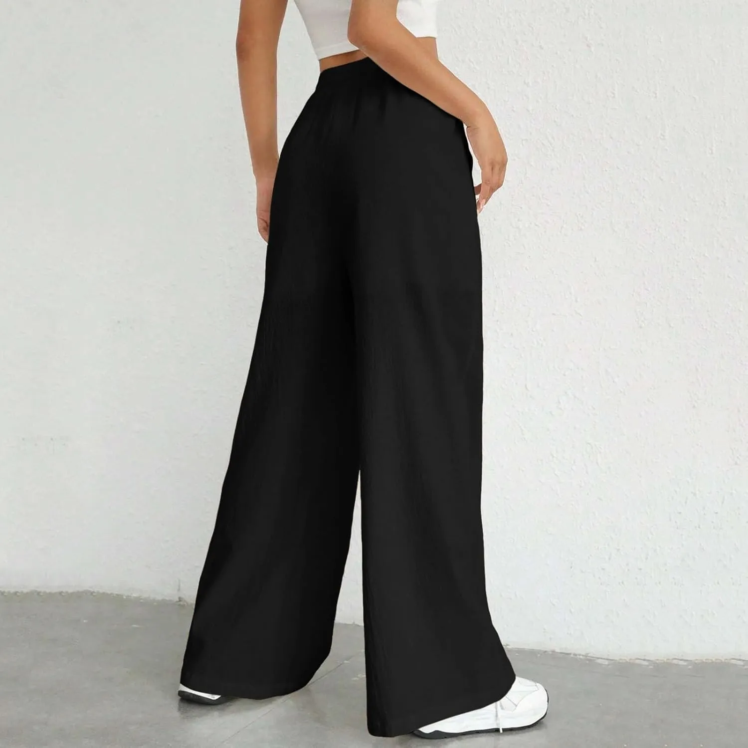 Wide Leg Linen Pants for Women Drawstring High Waist Casual Palazzo Pants Solid Color Loose Fit Trendy Trousers with Pocket