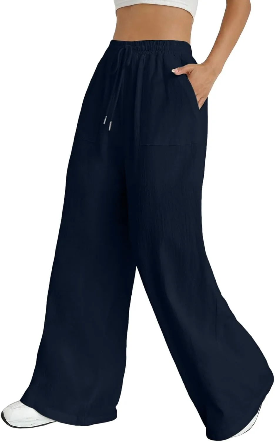 Wide Leg Linen Pants for Women Drawstring High Waist Casual Palazzo Pants Solid Color Loose Fit Trendy Trousers with Pocket