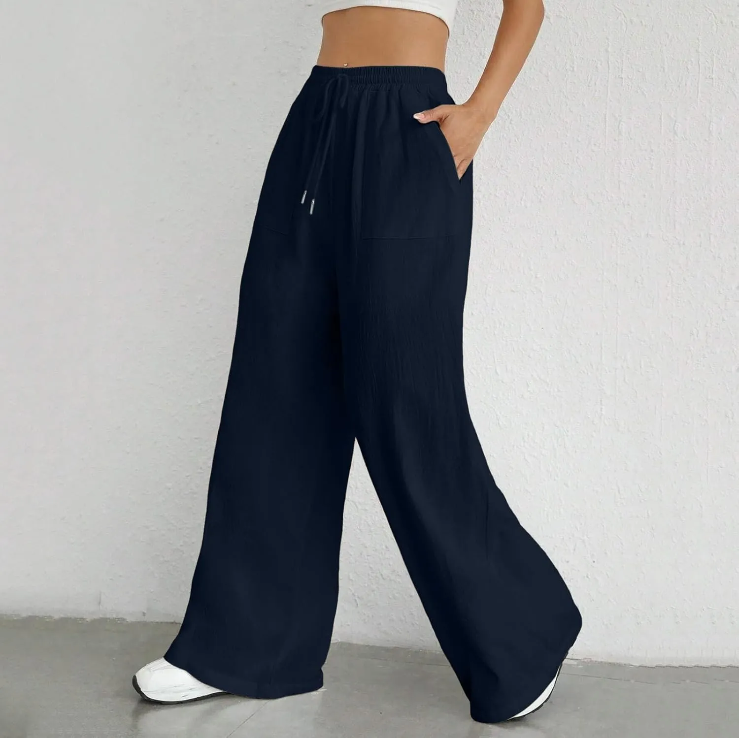 Wide Leg Linen Pants for Women Drawstring High Waist Casual Palazzo Pants Solid Color Loose Fit Trendy Trousers with Pocket