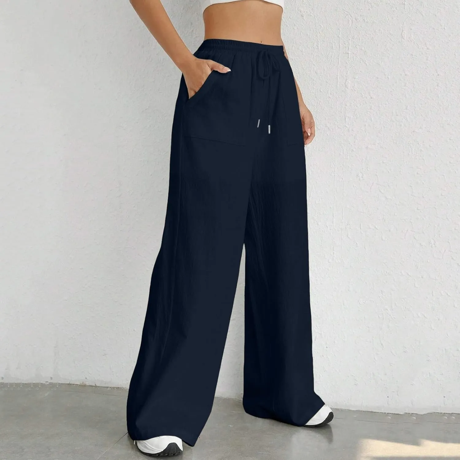 Wide Leg Linen Pants for Women Drawstring High Waist Casual Palazzo Pants Solid Color Loose Fit Trendy Trousers with Pocket
