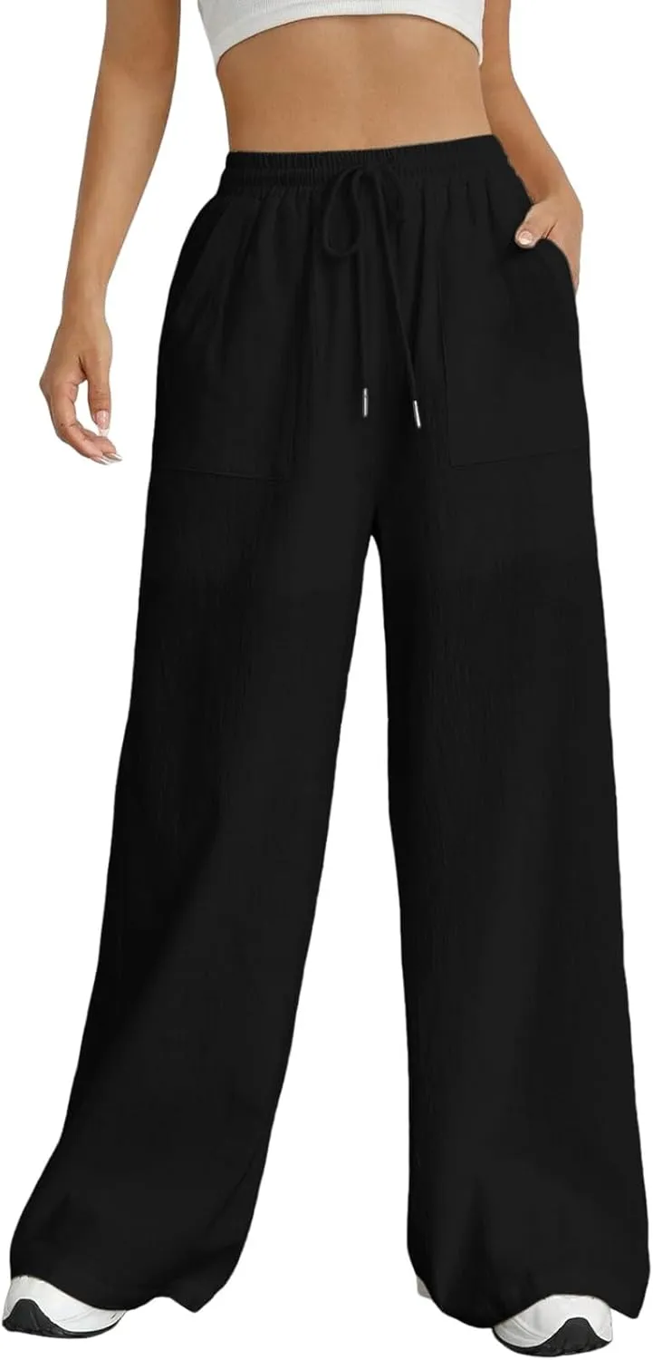 Wide Leg Linen Pants for Women Drawstring High Waist Casual Palazzo Pants Solid Color Loose Fit Trendy Trousers with Pocket