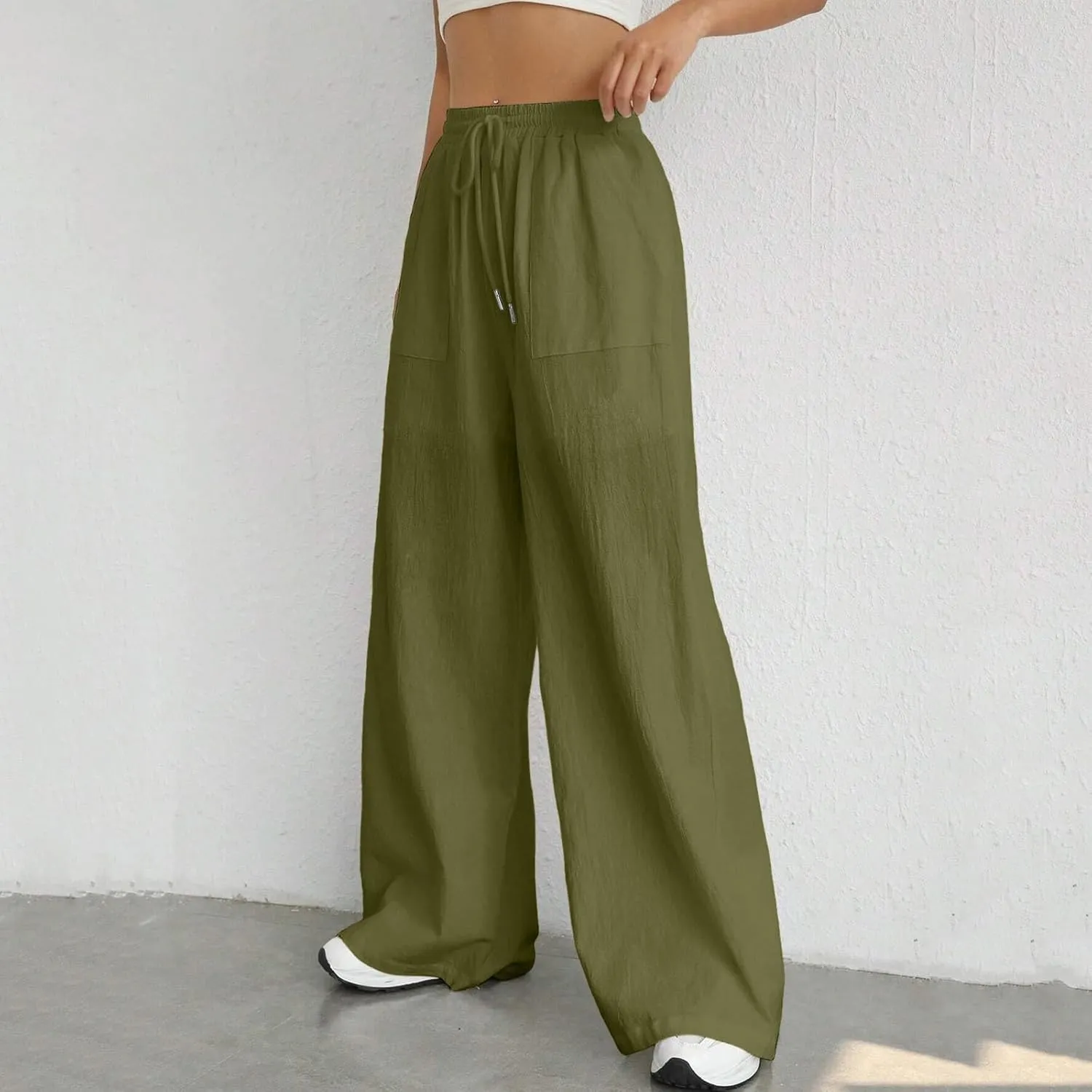 Wide Leg Linen Pants for Women Drawstring High Waist Casual Palazzo Pants Solid Color Loose Fit Trendy Trousers with Pocket