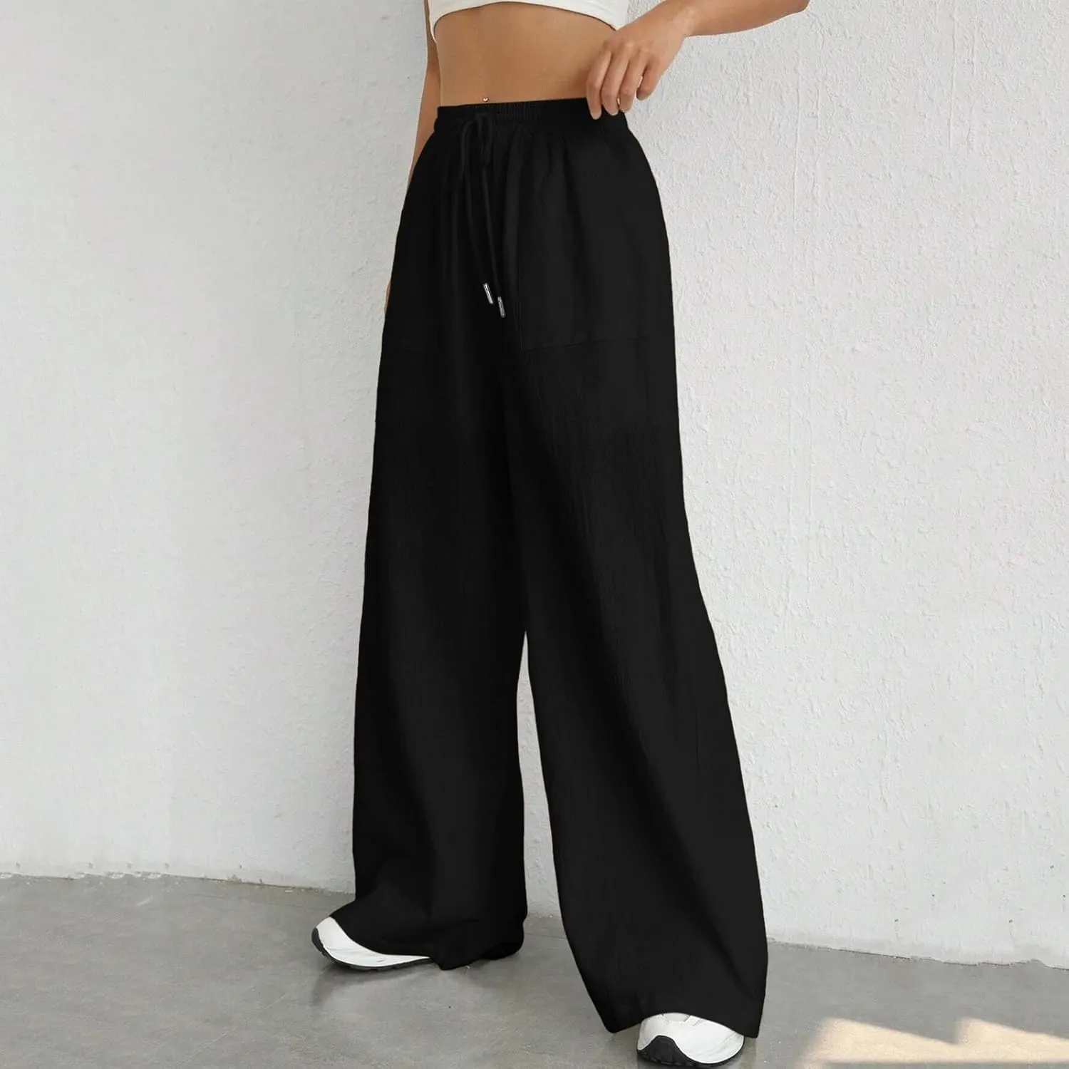Wide Leg Linen Pants for Women Drawstring High Waist Casual Palazzo Pants Solid Color Loose Fit Trendy Trousers with Pocket