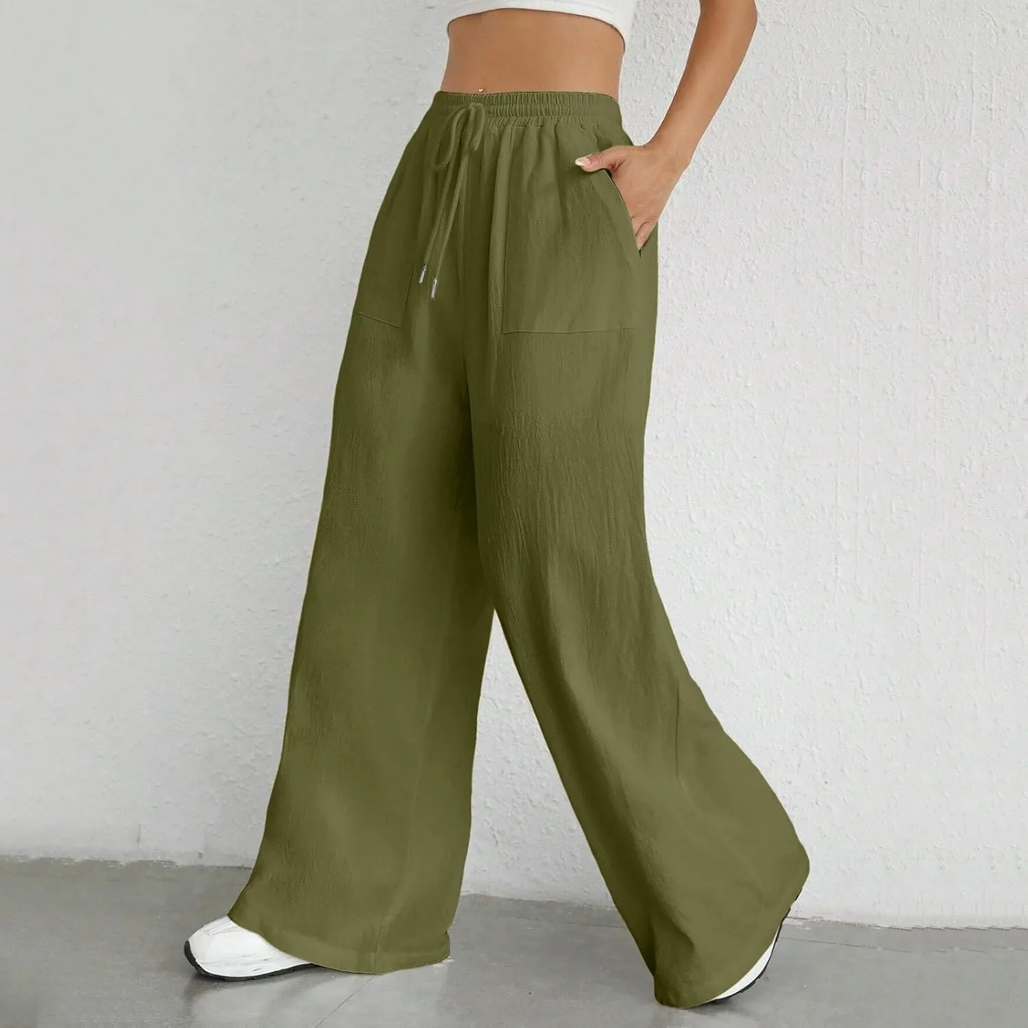 Wide Leg Linen Pants for Women Drawstring High Waist Casual Palazzo Pants Solid Color Loose Fit Trendy Trousers with Pocket