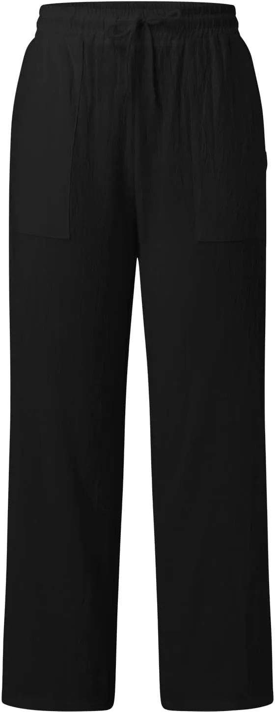 Wide Leg Linen Pants for Women Drawstring High Waist Casual Palazzo Pants Solid Color Loose Fit Trendy Trousers with Pocket