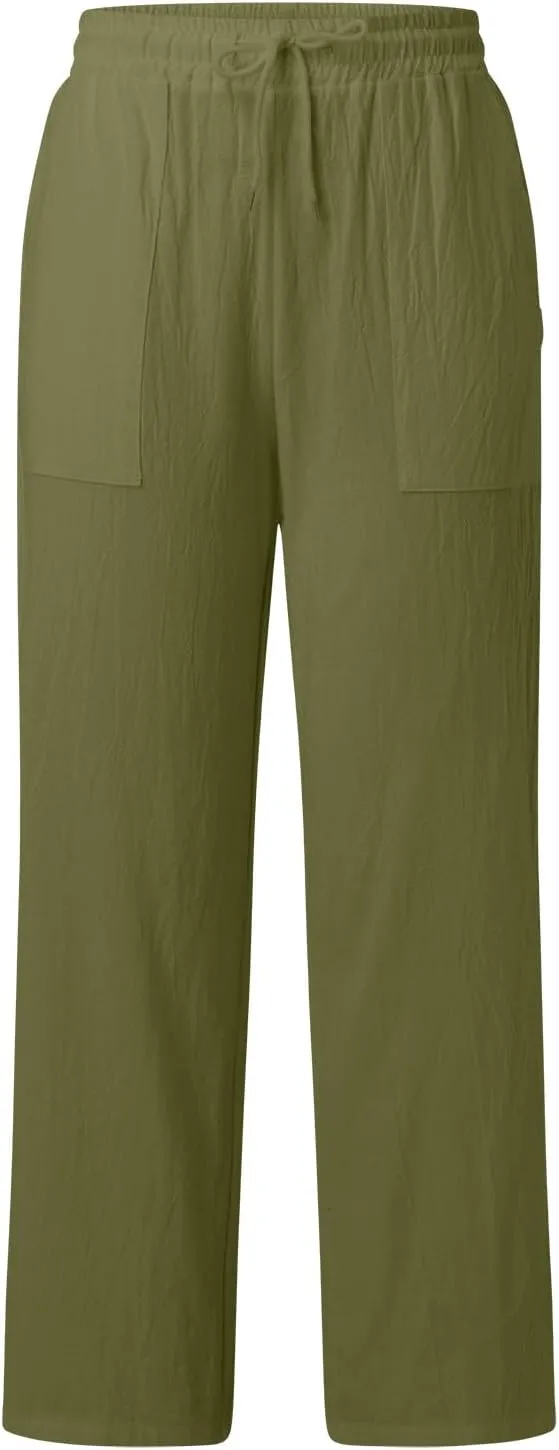 Wide Leg Linen Pants for Women Drawstring High Waist Casual Palazzo Pants Solid Color Loose Fit Trendy Trousers with Pocket