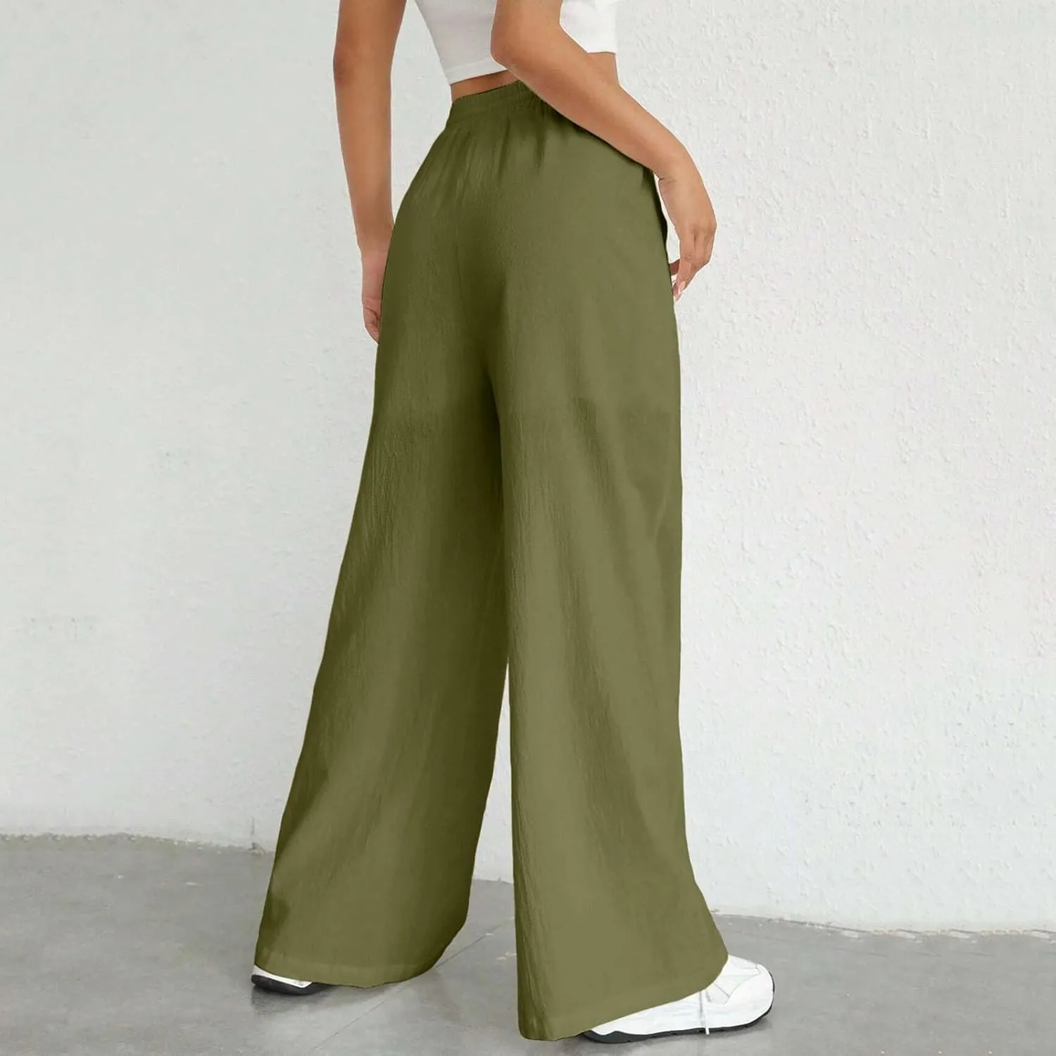 Wide Leg Linen Pants for Women Drawstring High Waist Casual Palazzo Pants Solid Color Loose Fit Trendy Trousers with Pocket