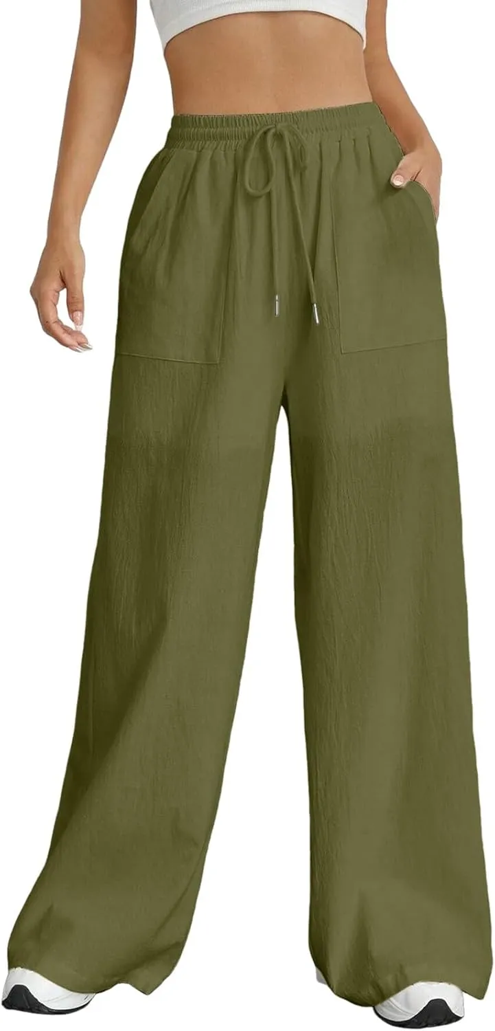 Wide Leg Linen Pants for Women Drawstring High Waist Casual Palazzo Pants Solid Color Loose Fit Trendy Trousers with Pocket