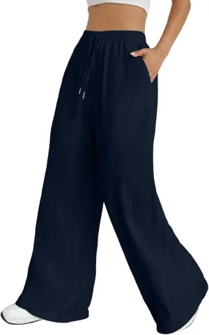 Wide Leg Linen Pants for Women Drawstring High Waist Casual Palazzo Pants Solid Color Loose Fit Trendy Trousers with Pocket