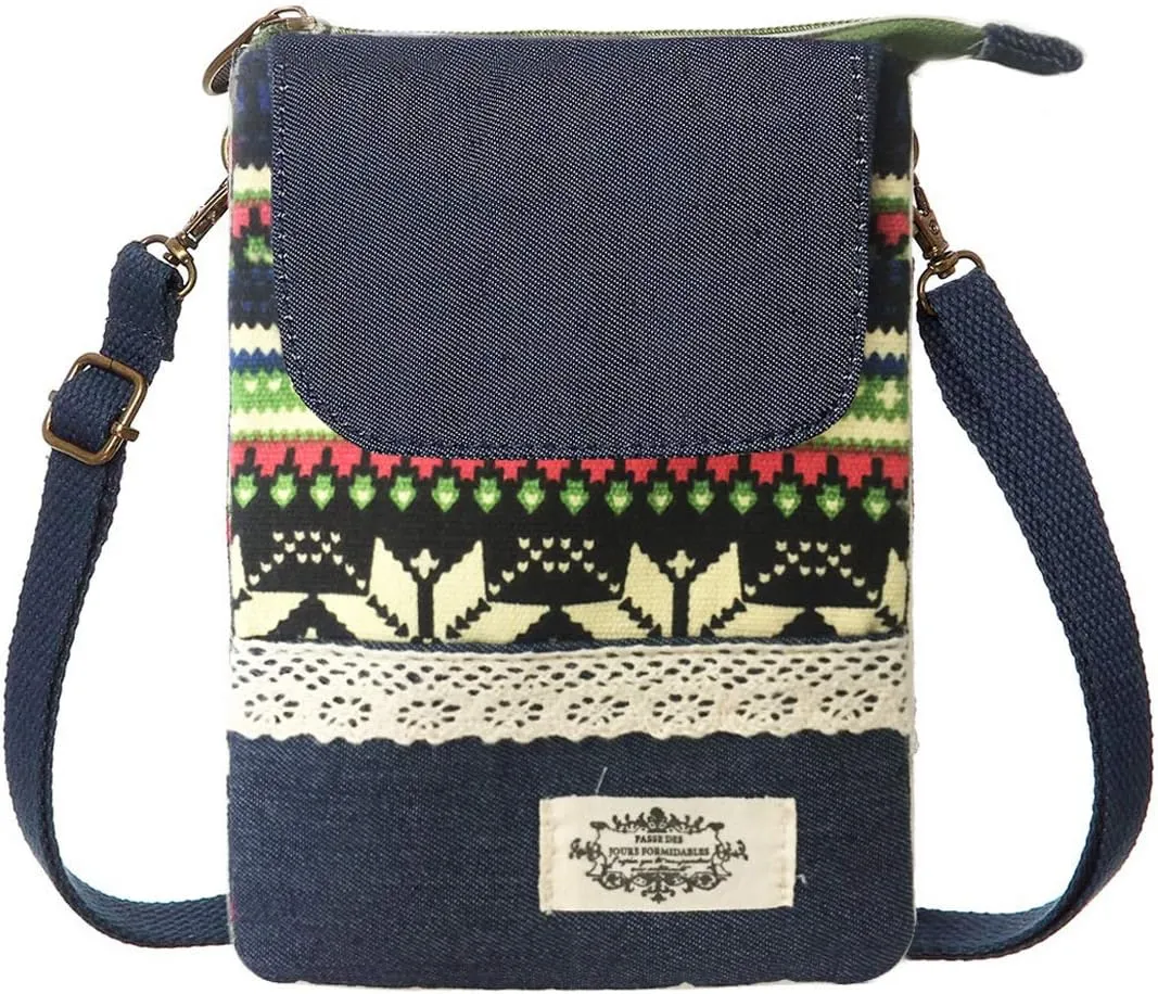 WITERY Leaf Pattern Canvas Cell Phone Purse Wallet Lightweight Small Crossbody Purse Bags for Women Girls