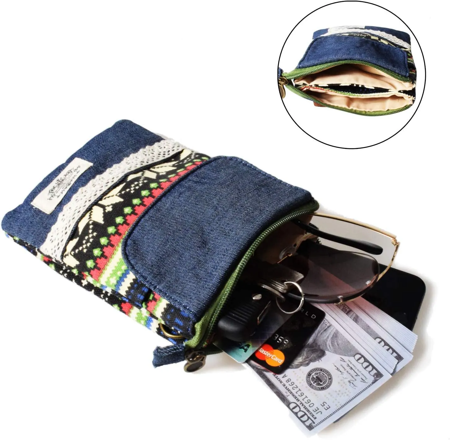 WITERY Leaf Pattern Canvas Cell Phone Purse Wallet Lightweight Small Crossbody Purse Bags for Women Girls