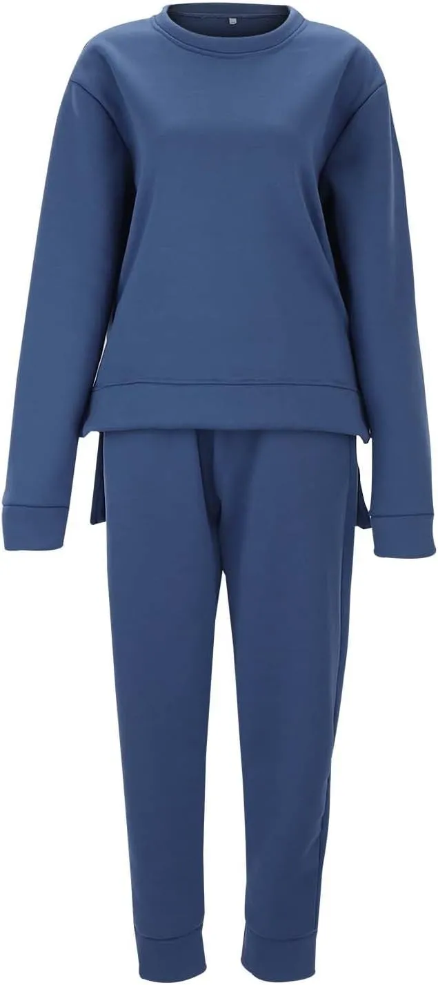Women 2 Piece Outfits Long Sleeve V Neck Solid Color Sweatsuit Sweatshirt Baggy Fall Fashion Sweatpants Sets