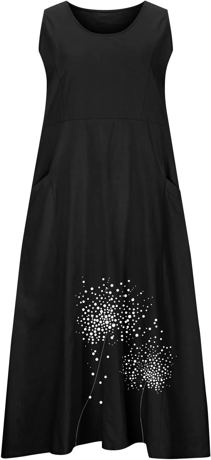 Women 2025 Summer Tank Dress Casual Sleeveless Printed Linen Shirt Dress Flowy Loose Plus Size Maxi Dress with Pocket