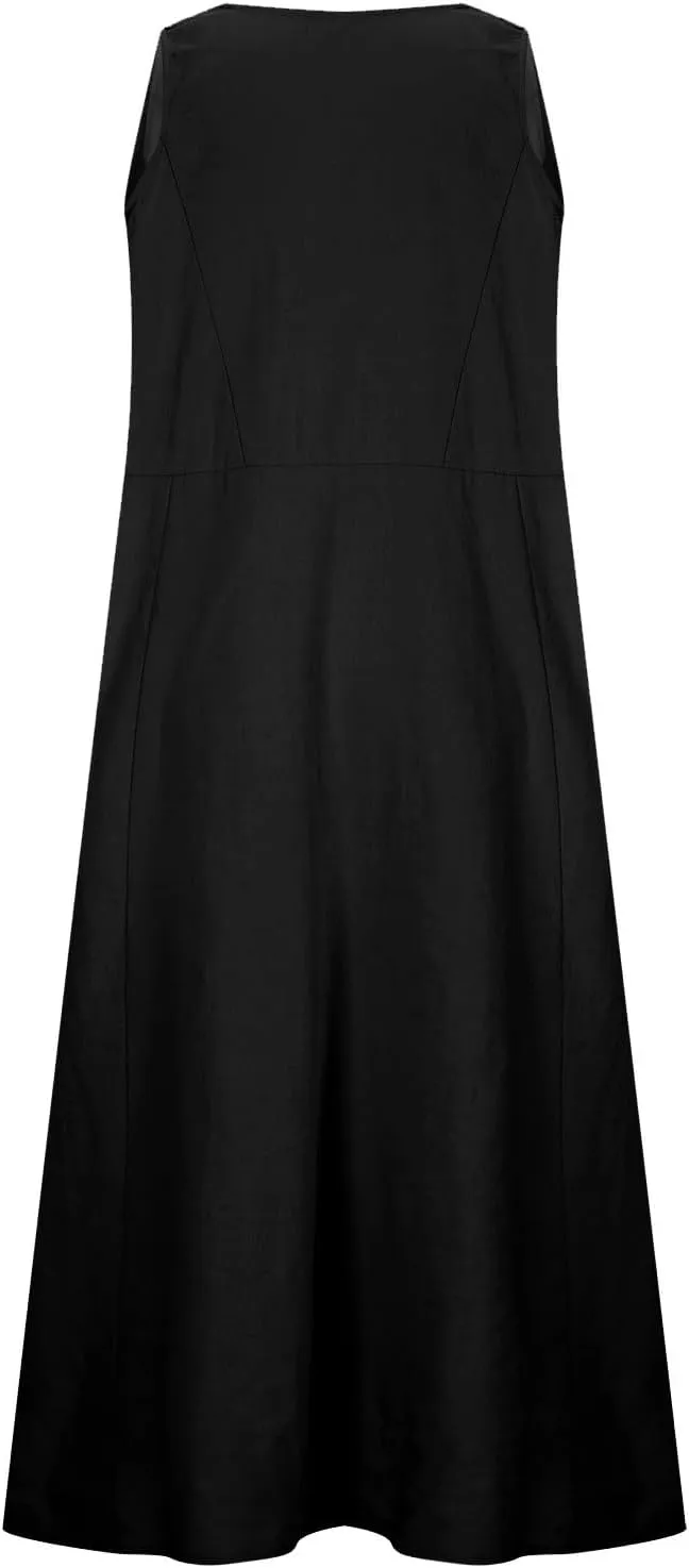Women 2025 Summer Tank Dress Casual Sleeveless Printed Linen Shirt Dress Flowy Loose Plus Size Maxi Dress with Pocket
