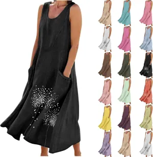 Women 2025 Summer Tank Dress Casual Sleeveless Printed Linen Shirt Dress Flowy Loose Plus Size Maxi Dress with Pocket