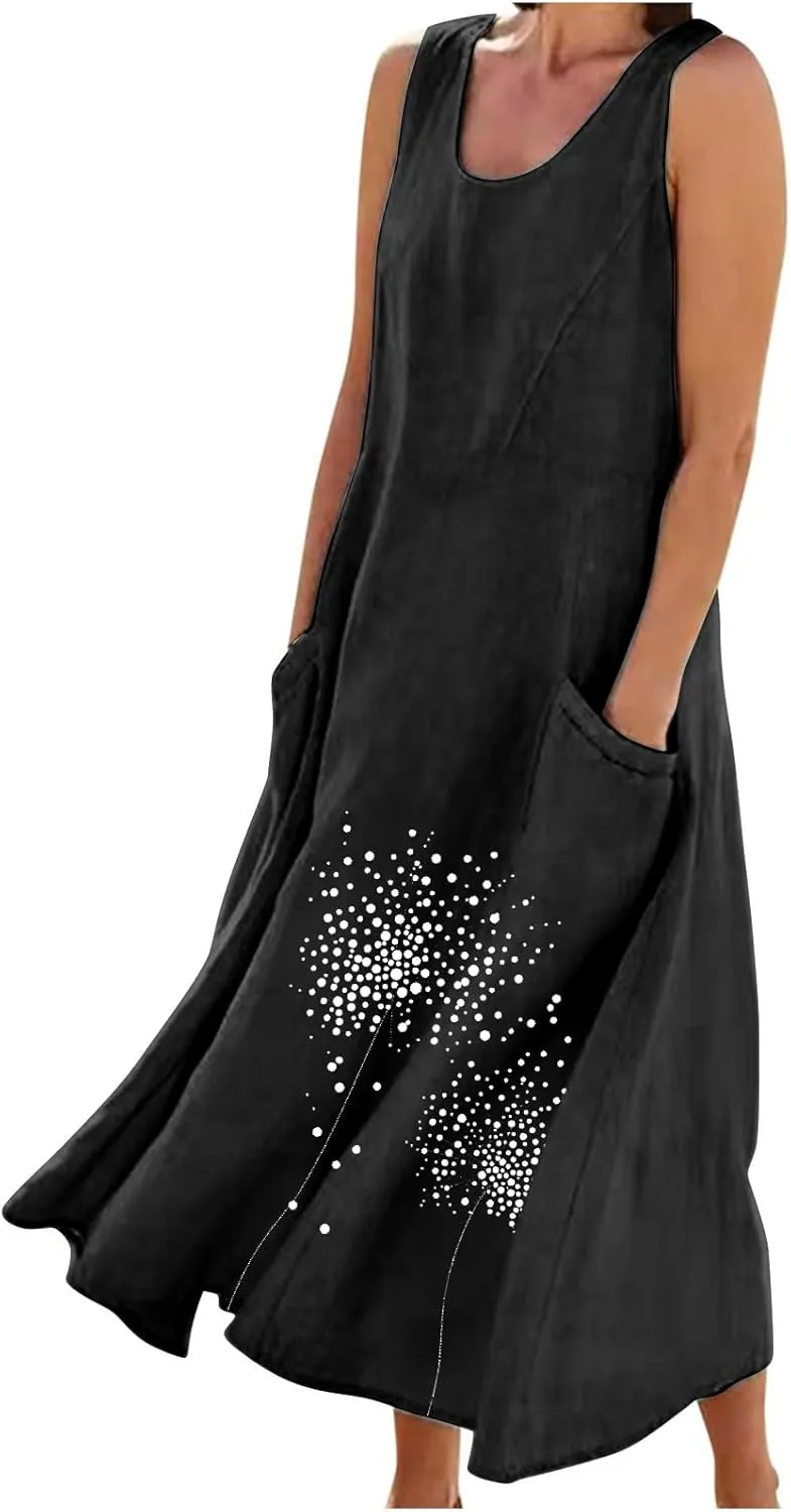 Women 2025 Summer Tank Dress Casual Sleeveless Printed Linen Shirt Dress Flowy Loose Plus Size Maxi Dress with Pocket