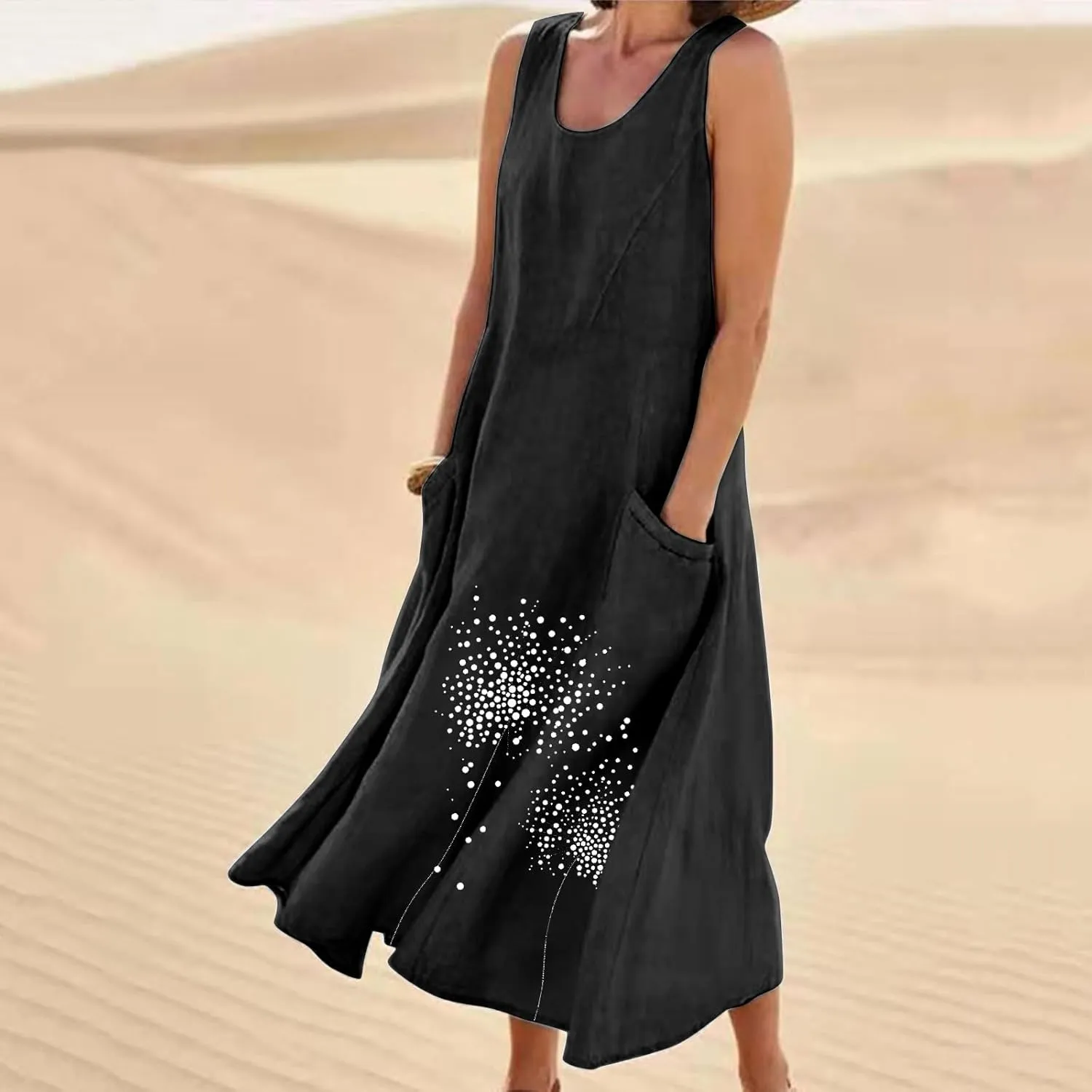 Women 2025 Summer Tank Dress Casual Sleeveless Printed Linen Shirt Dress Flowy Loose Plus Size Maxi Dress with Pocket
