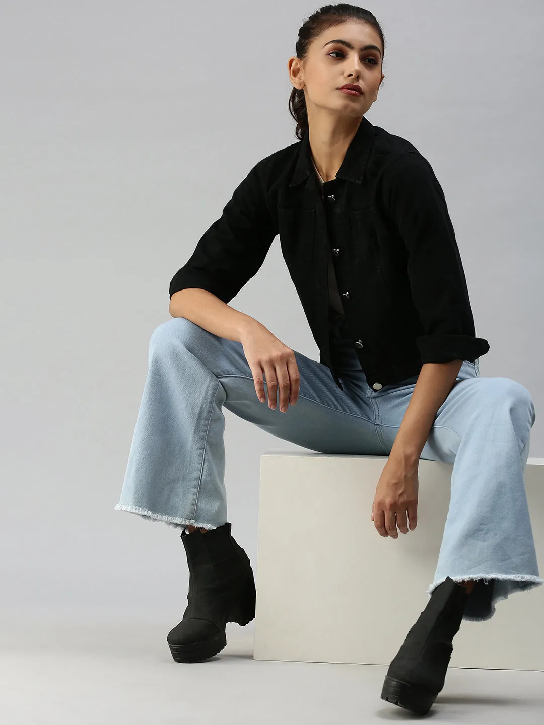 Women Black Distressed Crop Denim Jacket