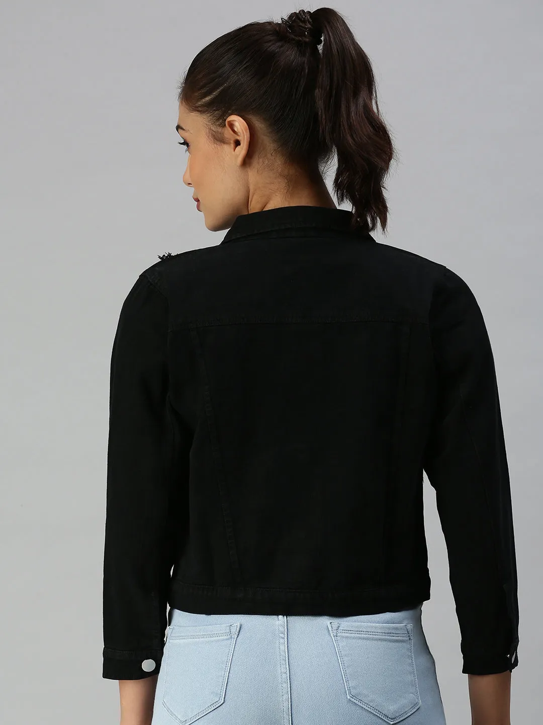 Women Black Distressed Crop Denim Jacket