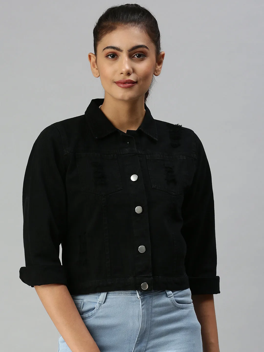 Women Black Distressed Crop Denim Jacket