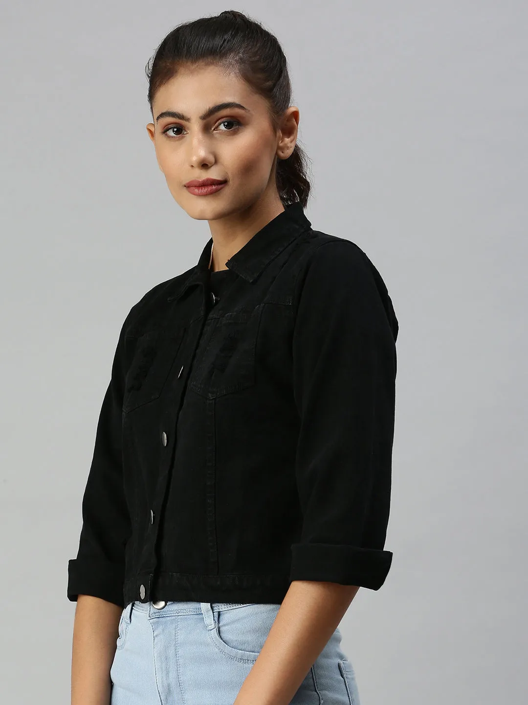 Women Black Distressed Crop Denim Jacket