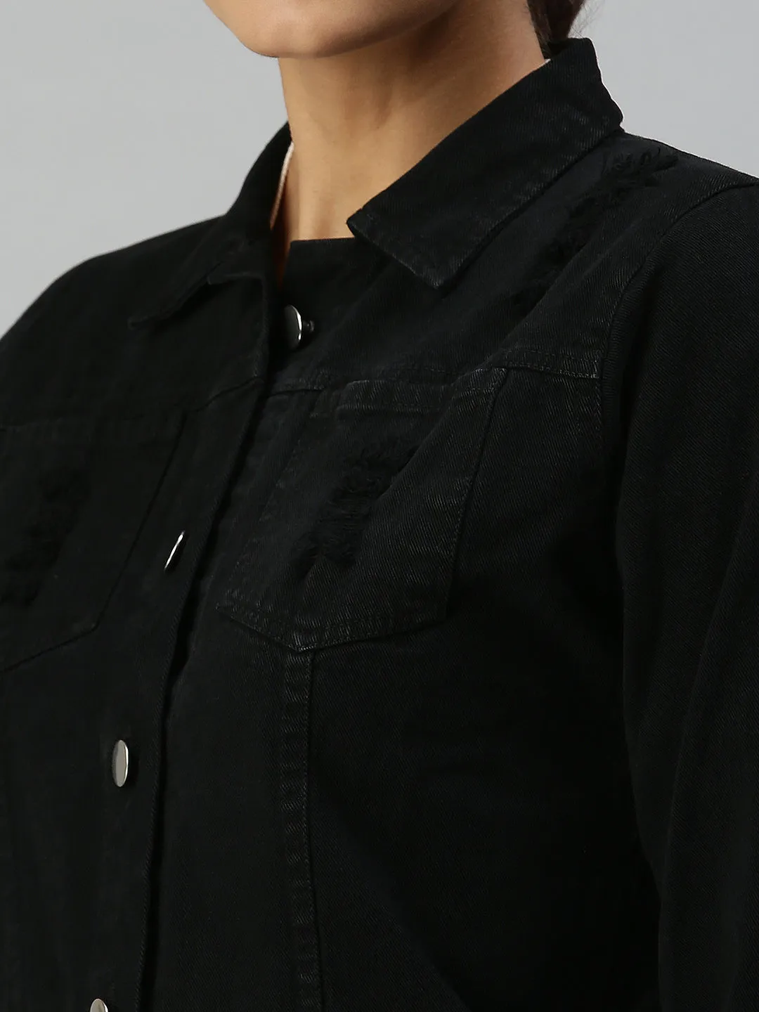 Women Black Distressed Crop Denim Jacket