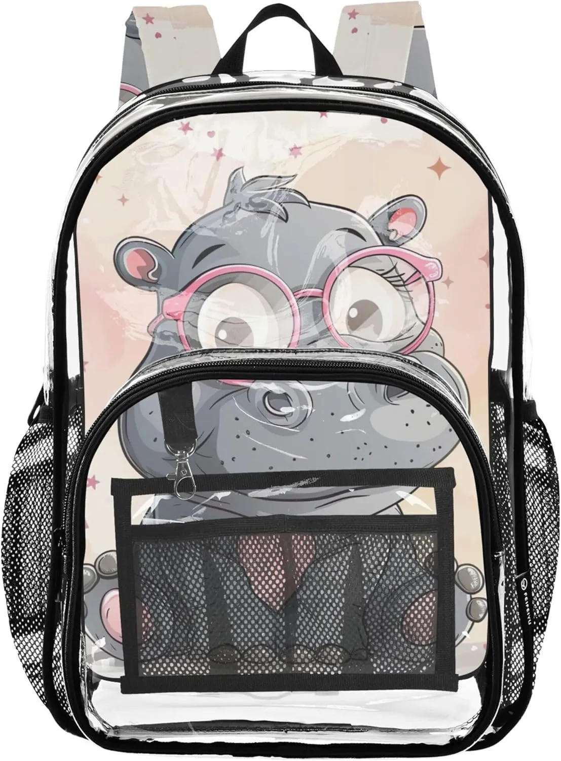 Women Clear Backpack Cute Cute Hippo Animal Print Girls Backpack for Kids Approved Plastic Bag Large
