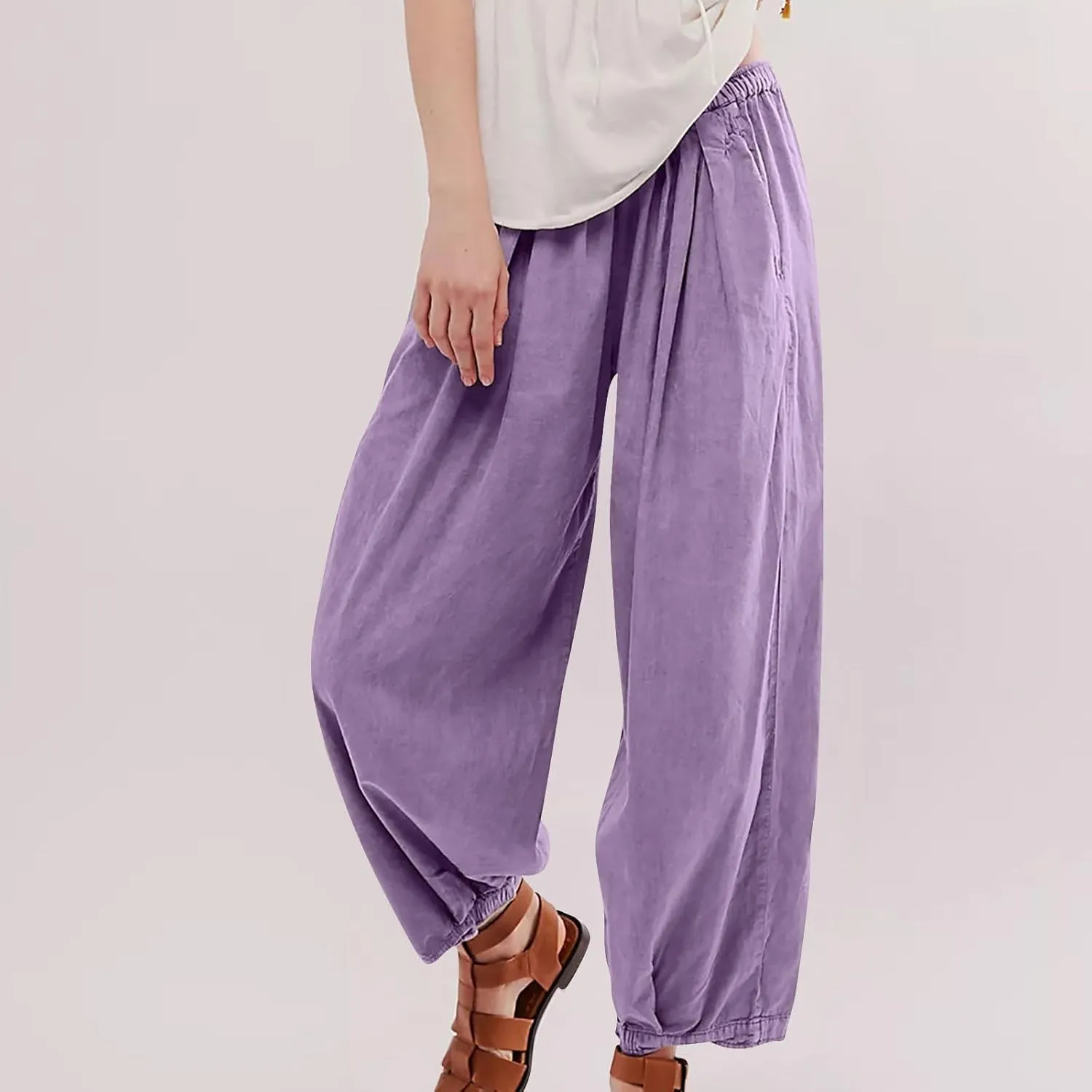 Women Cotton Linen Pants Summer Elastic High Waist Wide Leg Casual Pants 2024 Beach Travel Trousers Vacation Outfits