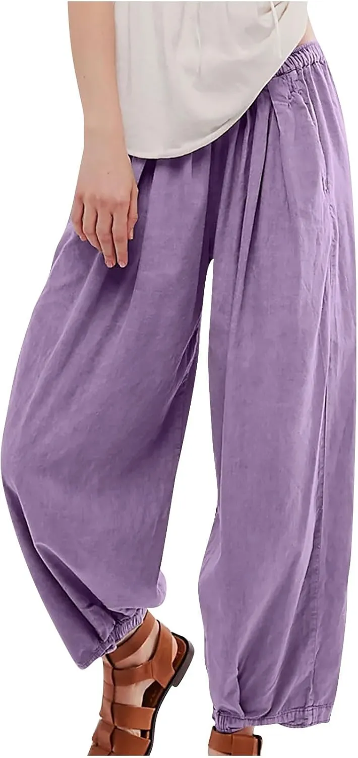 Women Cotton Linen Pants Summer Elastic High Waist Wide Leg Casual Pants 2024 Beach Travel Trousers Vacation Outfits