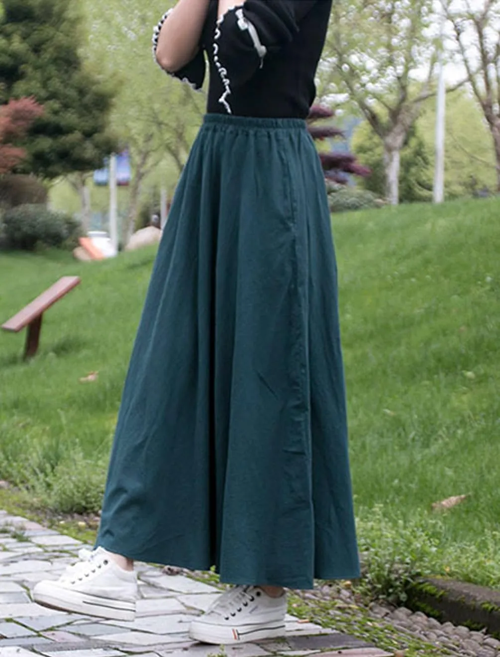 Women Cotton/Linen Skirt Summer Quality Elastic Waist Long Maxi Retro Vogue Casual Bottom with Pockets