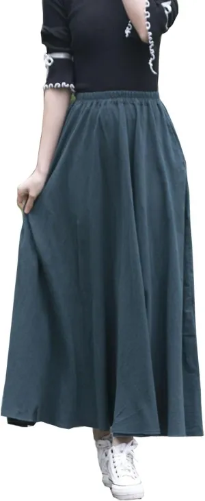 Women Cotton/Linen Skirt Summer Quality Elastic Waist Long Maxi Retro Vogue Casual Bottom with Pockets