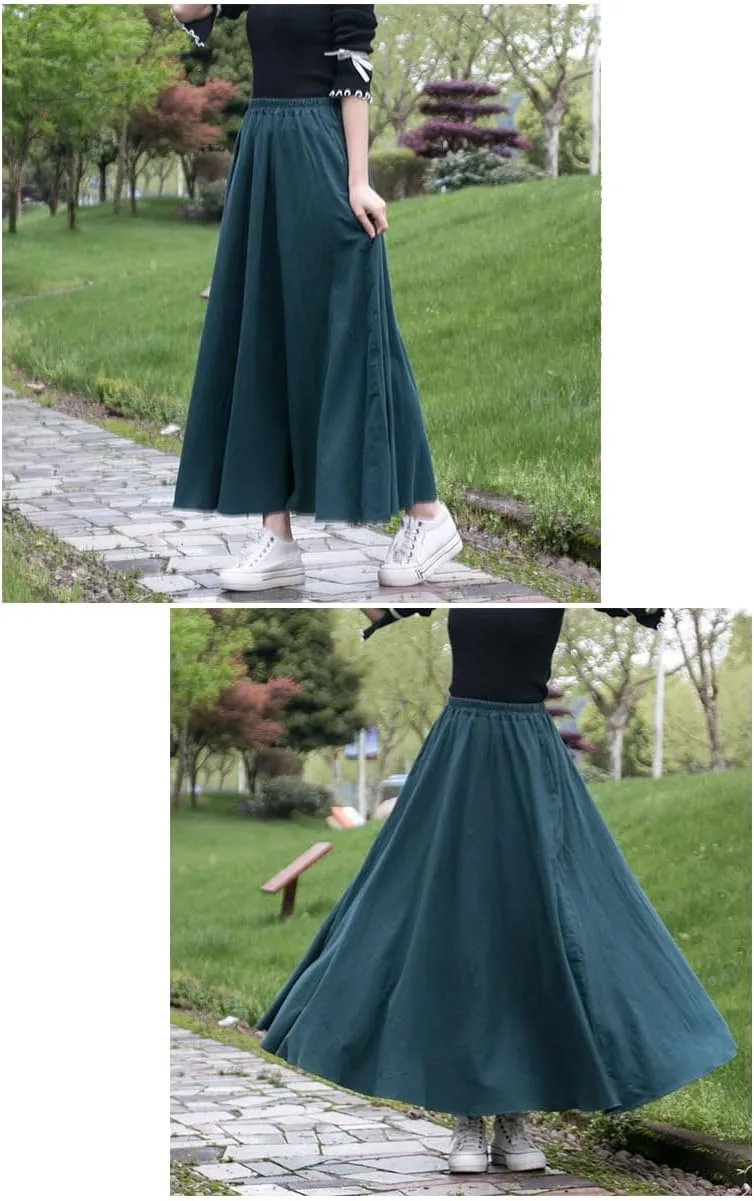 Women Cotton/Linen Skirt Summer Quality Elastic Waist Long Maxi Retro Vogue Casual Bottom with Pockets