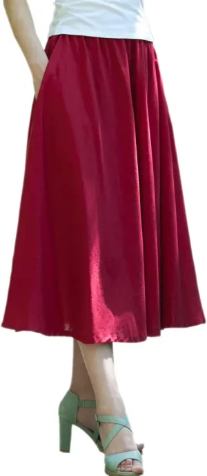 Women Cotton/Linen Skirt Summer Quality Elastic Waist Long Maxi Retro Vogue Casual Bottom with Pockets